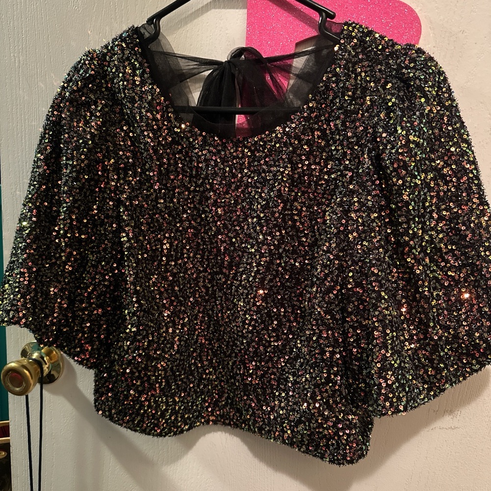 Newbury Kustom Black and Silver Sequin Bell Sleeve Blouse